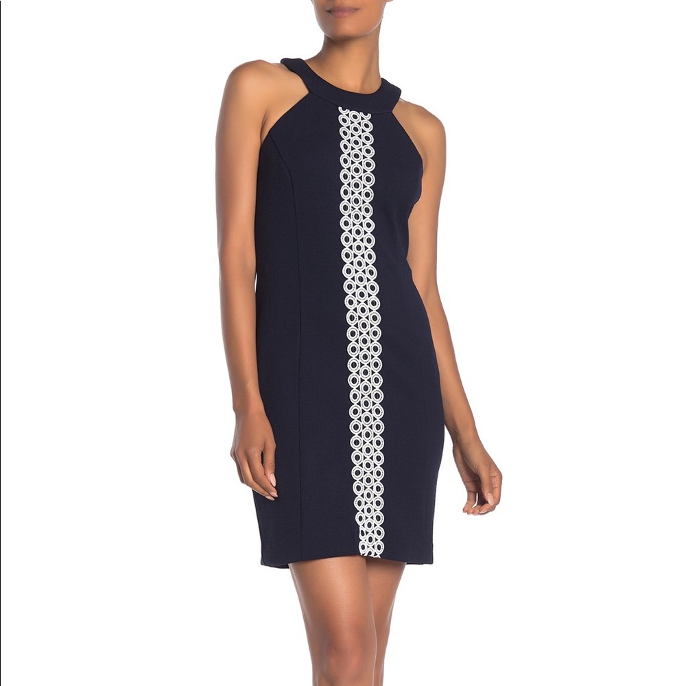 NWT ELIZA J Navy Textured Halter Embroidered Crochet Sheath Flare Dress 0 XS